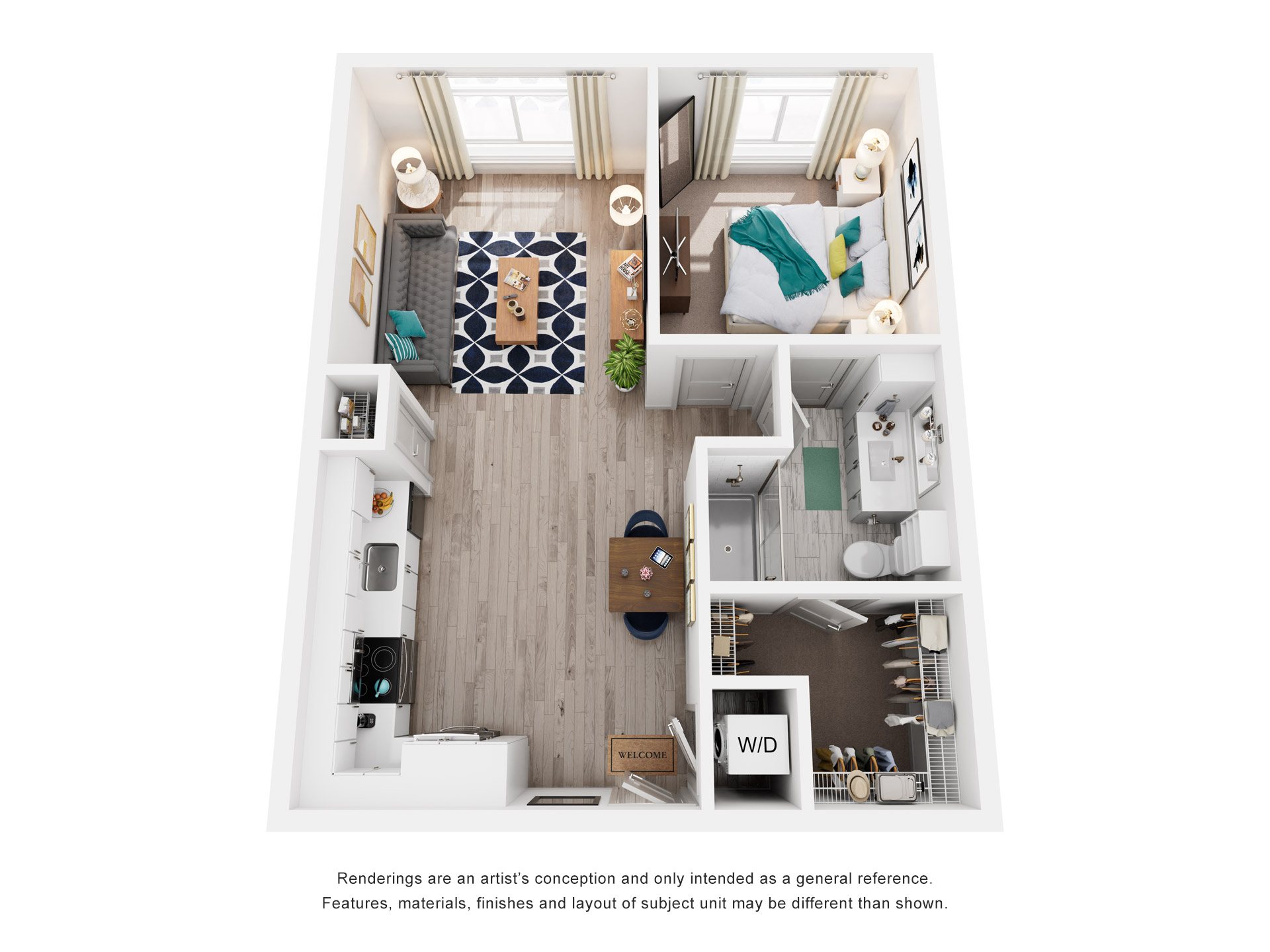 Floor plan for 1 bed, 1 bath, 787 sqft